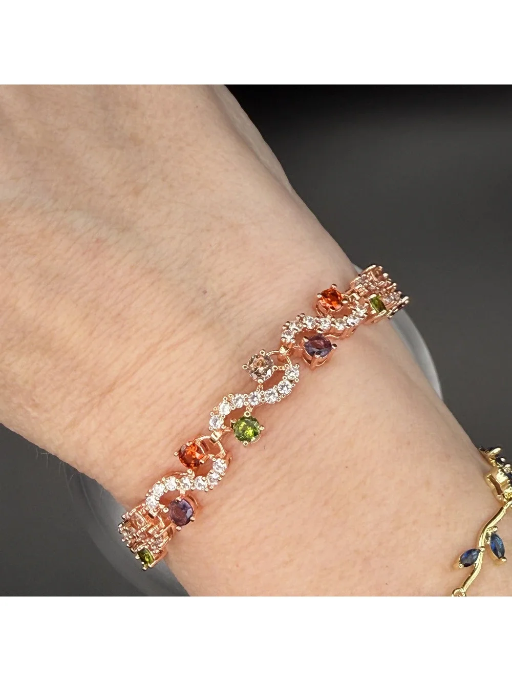 candy+clover Muted Multicolor Crystal Vine Rose Gold Tone Tennis Bracelet